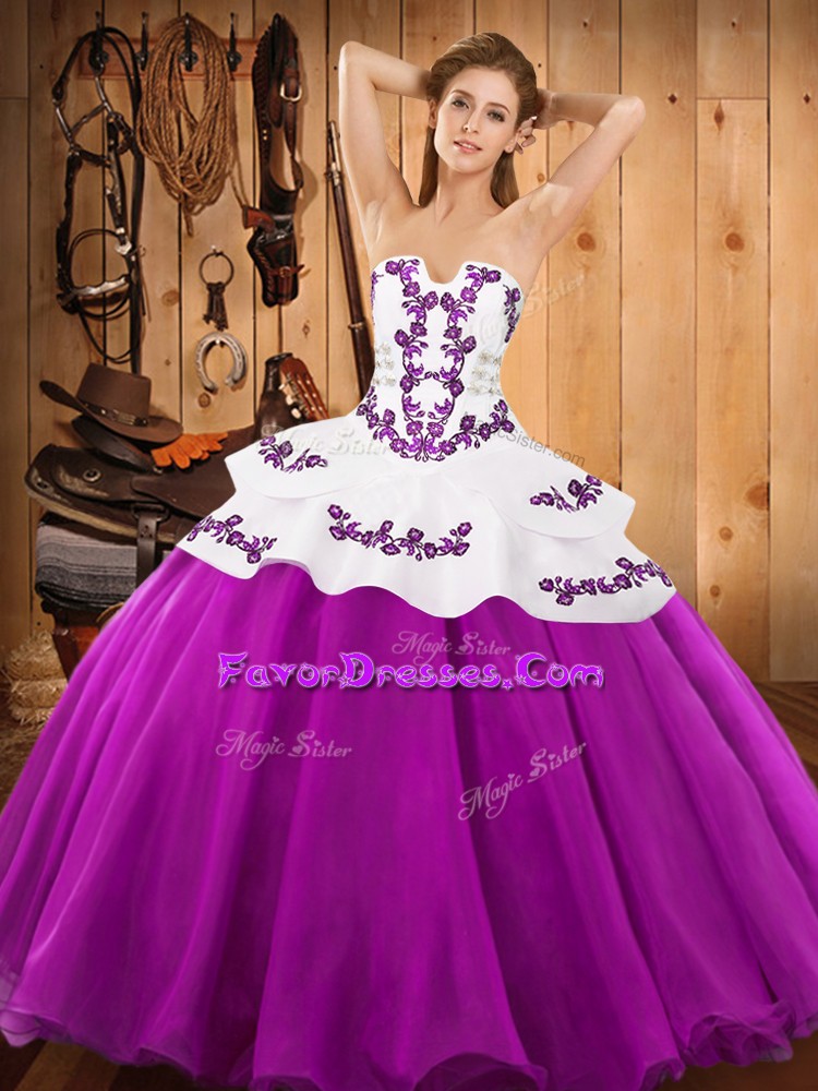 Custom Design Fuchsia Sleeveless Satin and Organza Lace Up Sweet 16 Quinceanera Dress for Military Ball and Sweet 16 and Quinceanera
