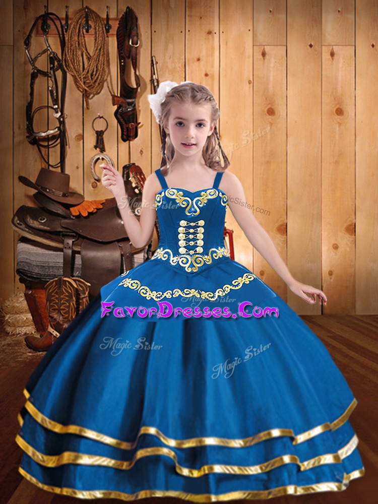 Glorious Blue Sleeveless Floor Length Embroidery and Ruffled Layers Lace Up Little Girl Pageant Dress