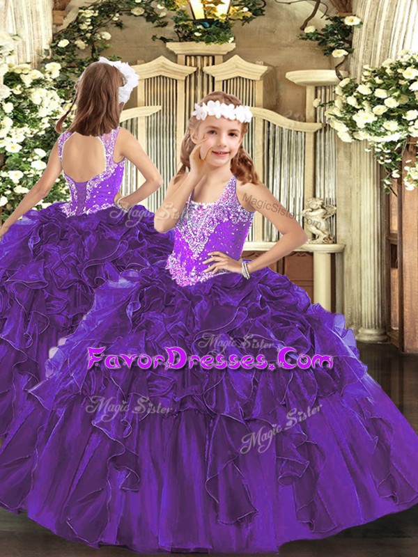  Purple Sleeveless Beading and Ruffles Floor Length Little Girl Pageant Gowns
