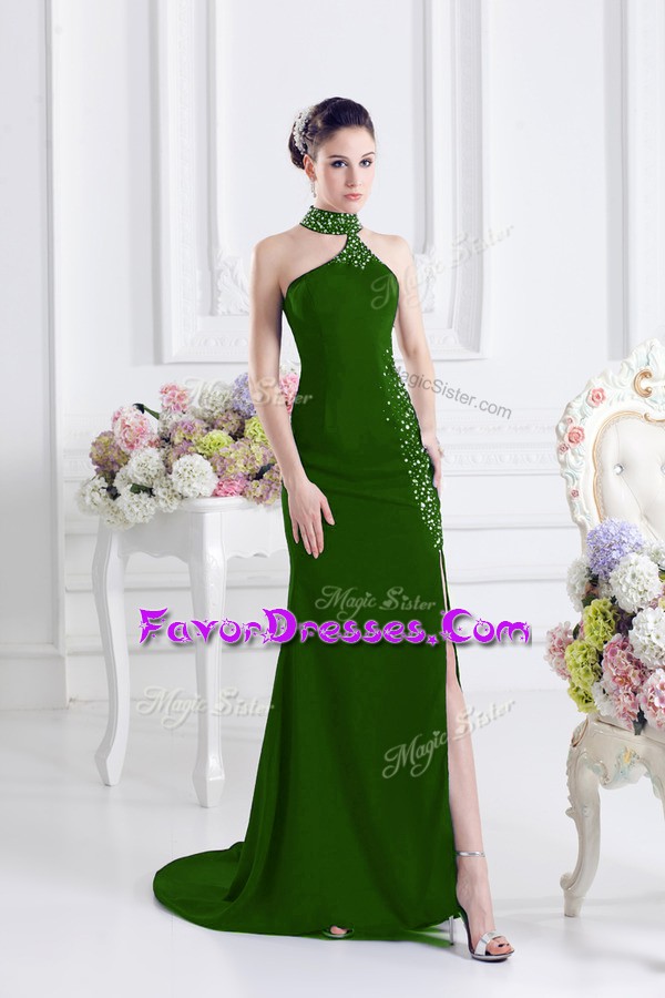 Classical Green Column/Sheath Beading Evening Dress Lace Up Elastic Woven Satin Sleeveless