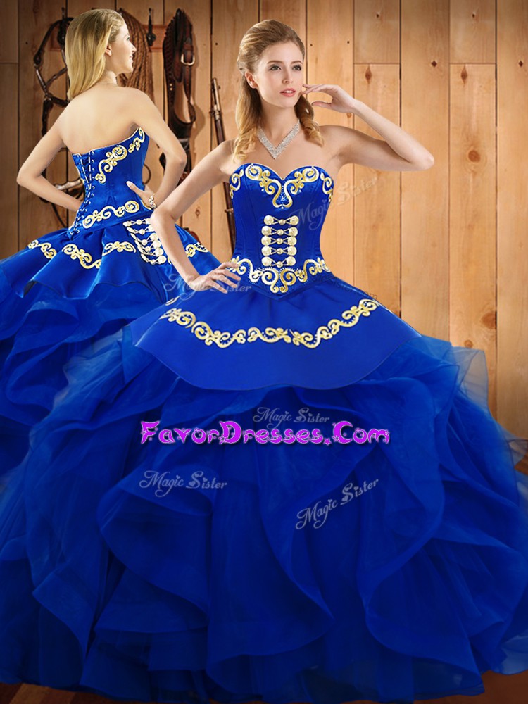 Custom Made Sleeveless Lace Up Floor Length Embroidery and Ruffles Quince Ball Gowns