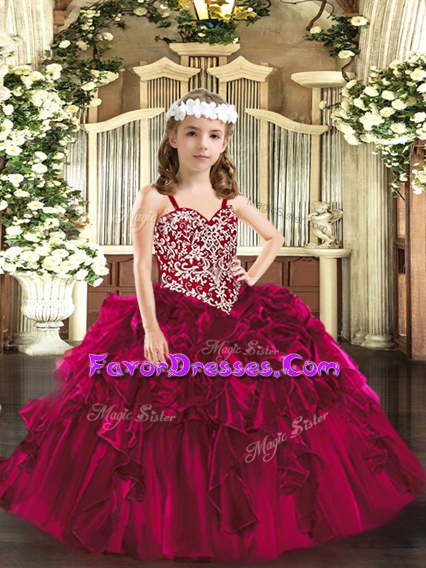 Customized Sleeveless Floor Length Beading and Ruffles Lace Up Glitz Pageant Dress with Fuchsia