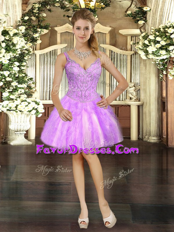 Dynamic Lilac Sleeveless Beading and Ruffles Mini Length Prom Gown