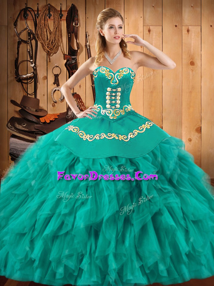 Pretty Turquoise Ball Gowns Sweetheart Sleeveless Satin and Organza Floor Length Lace Up Embroidery and Ruffles 15th Birthday Dress