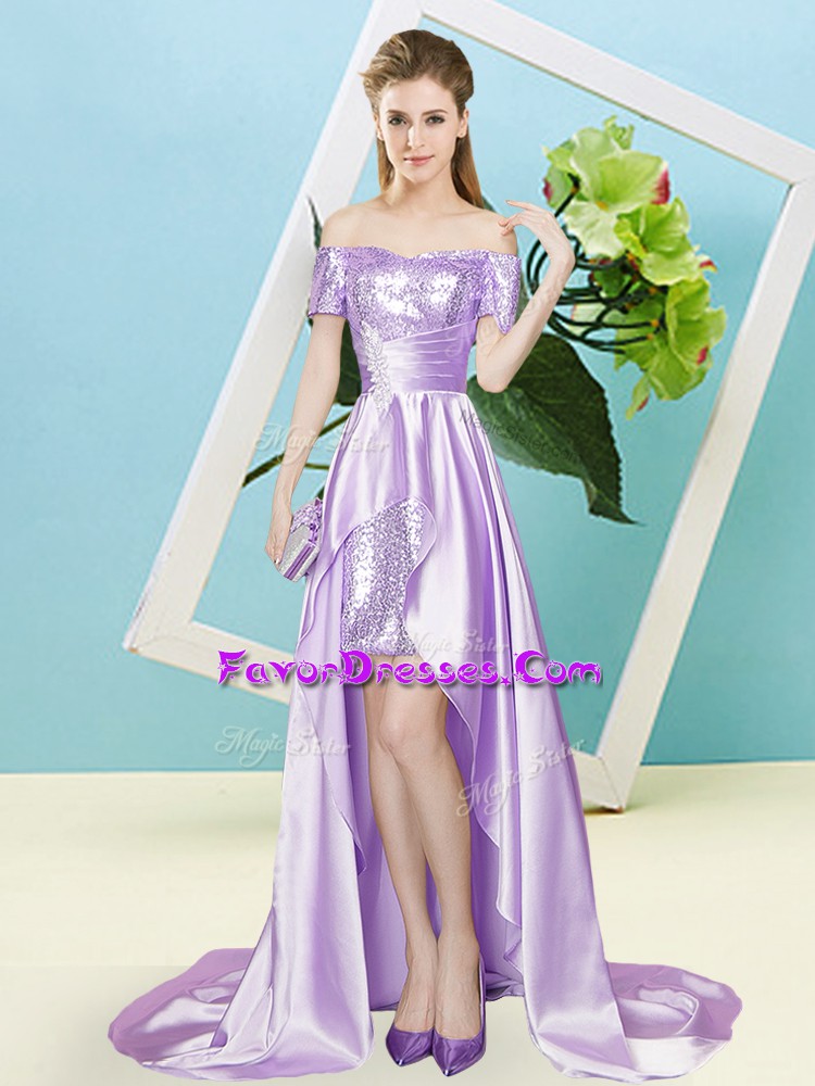 Modest High Low Lavender Prom Gown Off The Shoulder Short Sleeves Lace Up