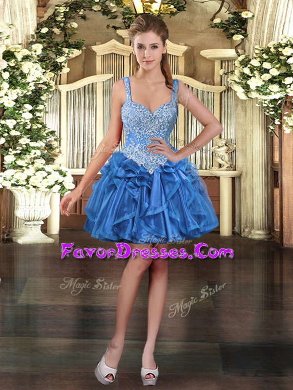 Custom Made Blue Lace Up Prom Gown Beading and Ruffles Sleeveless Mini Length