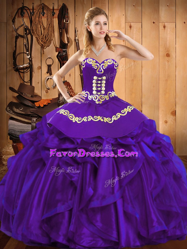  Floor Length Purple Quinceanera Dresses Organza Sleeveless Embroidery and Ruffles