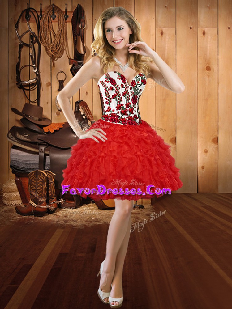 Adorable Red Sleeveless Mini Length Embroidery and Ruffles Lace Up Hoco Dress