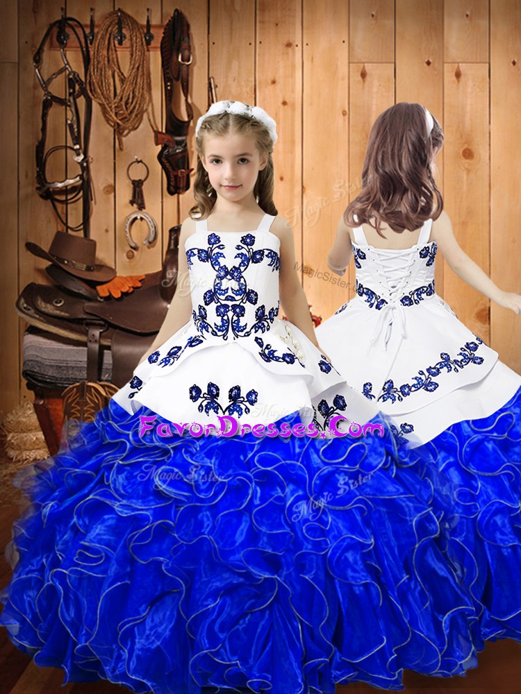  Ball Gowns Pageant Gowns For Girls Royal Blue Straps Organza Sleeveless Floor Length Lace Up