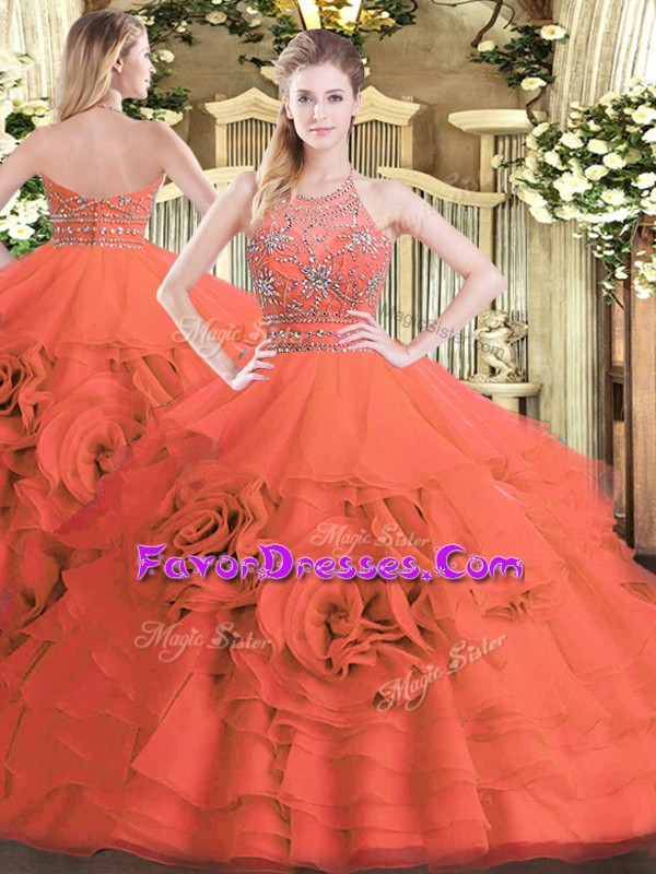  Sleeveless Tulle Floor Length Zipper Sweet 16 Dresses in Red with Beading and Ruffled Layers