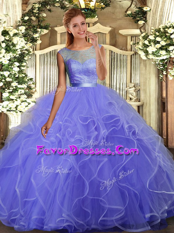  Lavender Sleeveless Tulle Backless Quince Ball Gowns for Military Ball and Sweet 16 and Quinceanera