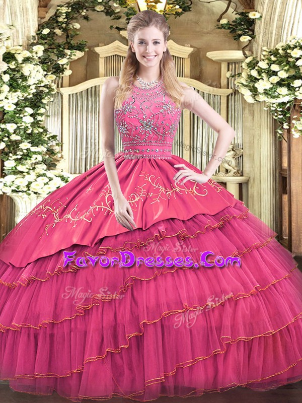 Luxurious Halter Top Sleeveless Sweet 16 Dresses Floor Length Beading and Embroidery and Ruffled Layers Hot Pink Satin and Tulle