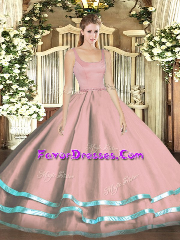 Fashionable Ruffled Layers Sweet 16 Dress Pink Zipper Sleeveless Floor Length