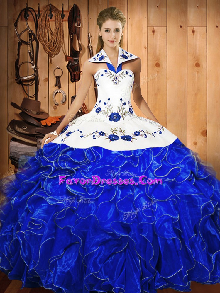 Modern Sleeveless Lace Up Floor Length Embroidery and Ruffles 15 Quinceanera Dress