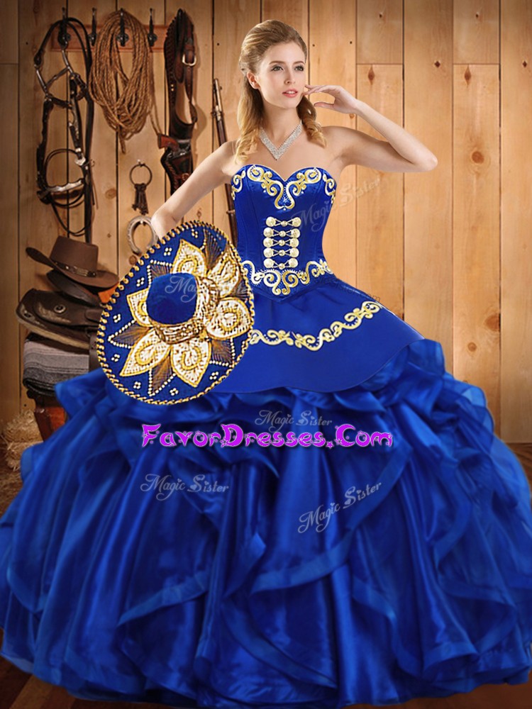  Royal Blue Ball Gowns Organza Sweetheart Sleeveless Embroidery and Ruffles Floor Length Lace Up Quinceanera Dresses