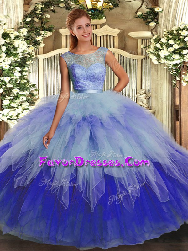 Most Popular Multi-color Ball Gowns Scoop Sleeveless Organza Floor Length Backless Beading and Ruffles Quinceanera Dresses