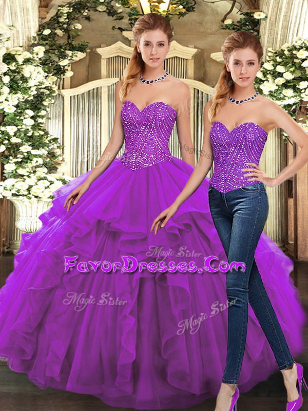  Purple Sleeveless Organza Lace Up Sweet 16 Dresses for Military Ball and Sweet 16 and Quinceanera