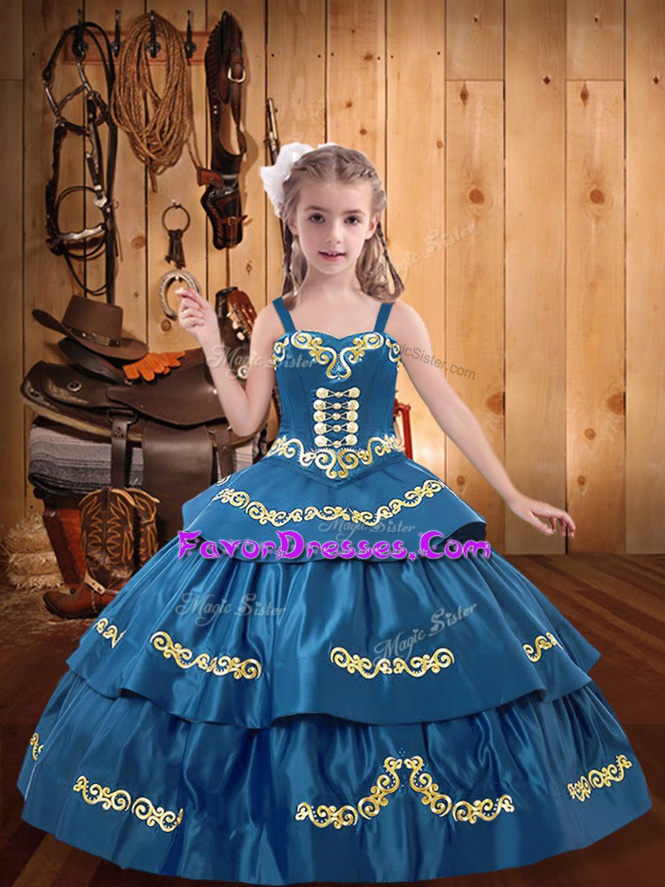  Floor Length Lace Up Pageant Dress for Teens Teal for Military Ball and Sweet 16 and Quinceanera with Embroidery