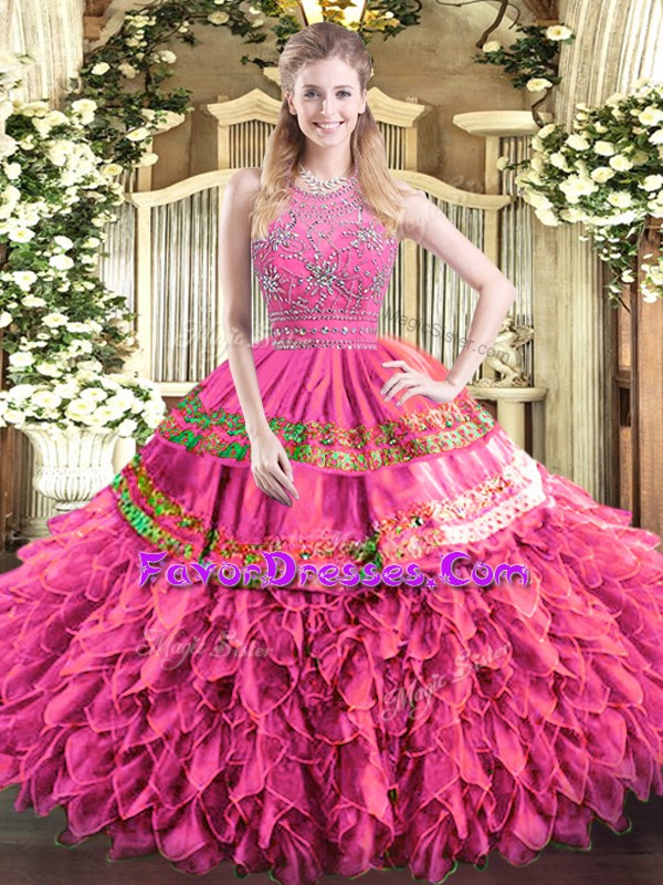  Hot Pink Sleeveless Tulle Zipper Quinceanera Gown for Military Ball and Sweet 16 and Quinceanera