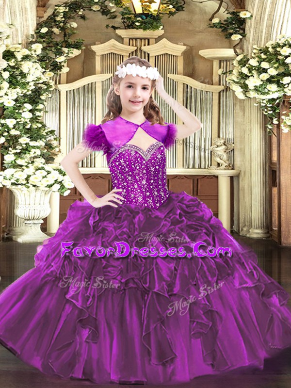  Fuchsia Organza Lace Up Straps Sleeveless Floor Length Winning Pageant Gowns Beading and Ruffles