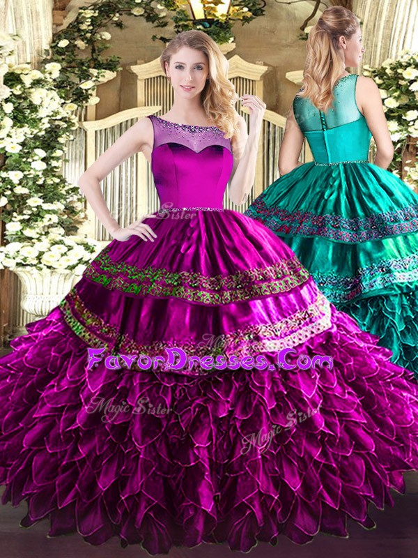 Discount Scoop Sleeveless Quinceanera Gowns Floor Length Beading and Ruffles Fuchsia Organza and Taffeta