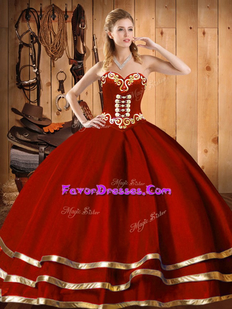 Edgy Wine Red Ball Gowns Organza Sweetheart Sleeveless Embroidery and Bowknot Floor Length Lace Up Quince Ball Gowns