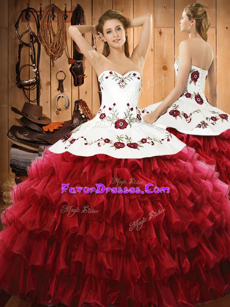 Modest Wine Red Organza Lace Up Ball Gown Prom Dress Sleeveless Floor Length Embroidery and Ruffled Layers