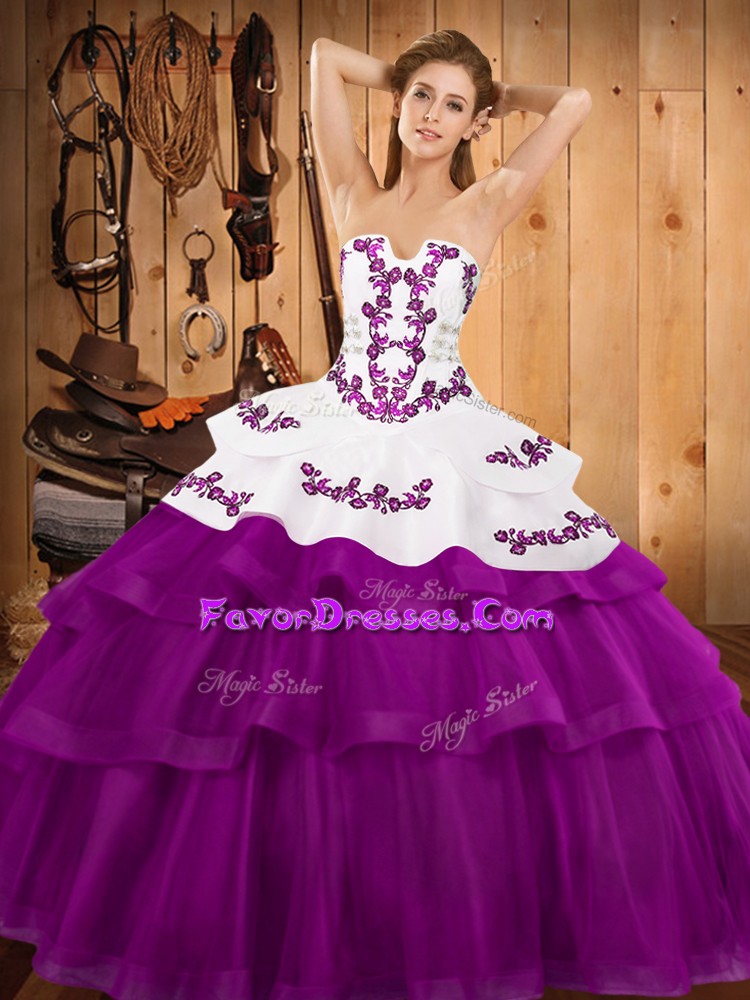 Graceful Lace Up Quinceanera Dresses Fuchsia for Military Ball and Sweet 16 and Quinceanera with Embroidery and Ruffled Layers Sweep Train