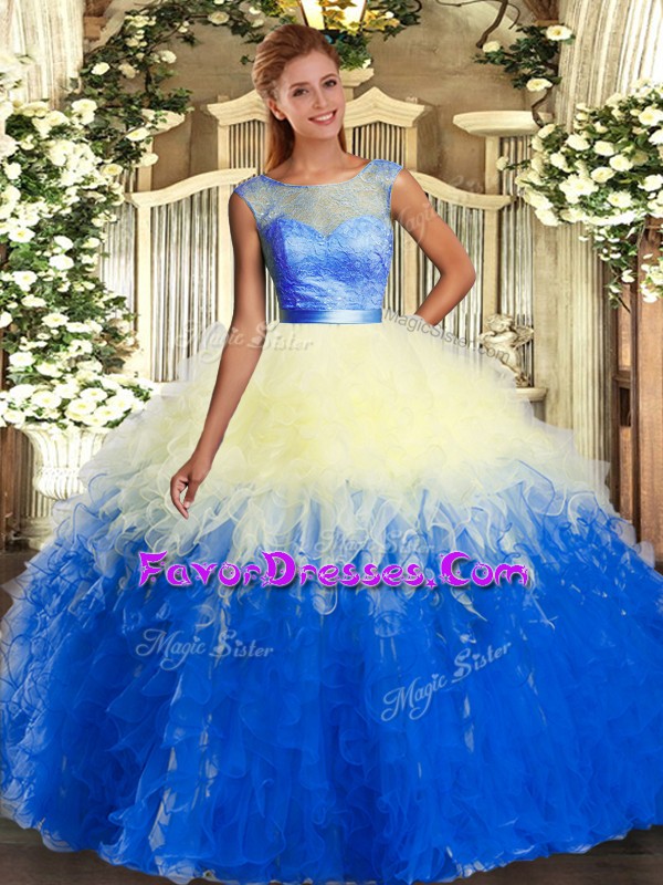  Multi-color Ball Gowns Scoop Sleeveless Organza Floor Length Backless Lace and Ruffles Quinceanera Gown