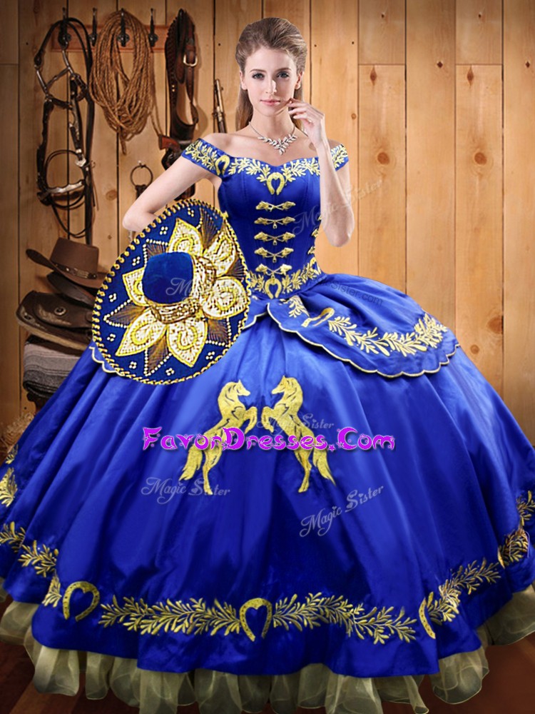  Royal Blue Off The Shoulder Lace Up Beading and Embroidery Sweet 16 Quinceanera Dress Sleeveless