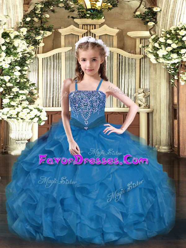 Elegant Blue Straps Neckline Beading and Ruffles Custom Made Pageant Dress Sleeveless Lace Up