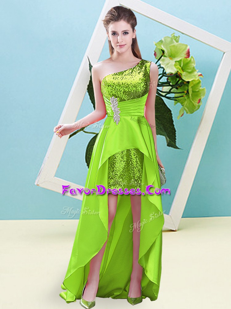 Beautiful Yellow Green One Shoulder Lace Up Beading and Sequins Prom Dress Sleeveless