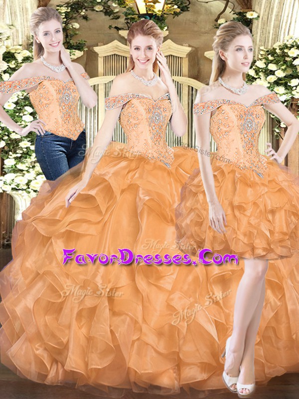 Attractive Orange Red Organza Lace Up Off The Shoulder Sleeveless Floor Length Quinceanera Gowns Ruffles