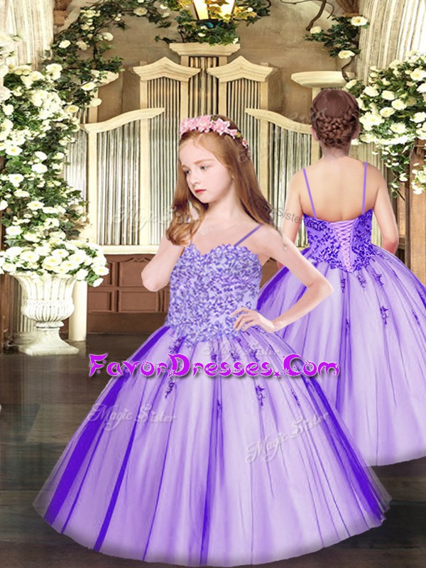  Floor Length Lace Up Pageant Dress for Girls Lavender for Party and Quinceanera with Appliques