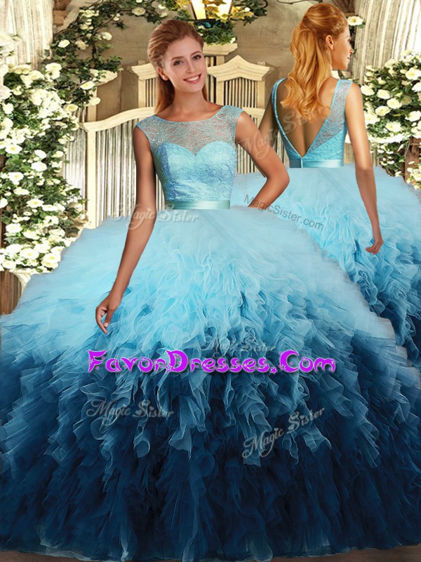  Multi-color Backless Scoop Beading and Ruffles Sweet 16 Quinceanera Dress Tulle Sleeveless