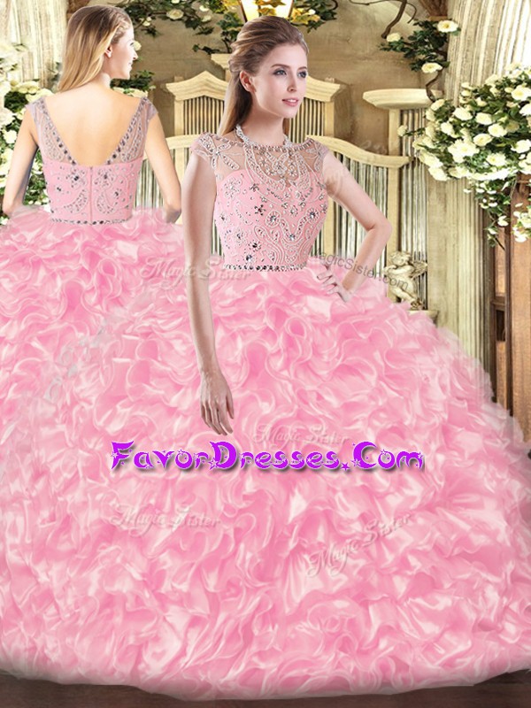  Ball Gowns Quince Ball Gowns Rose Pink Bateau Tulle Sleeveless Floor Length Zipper