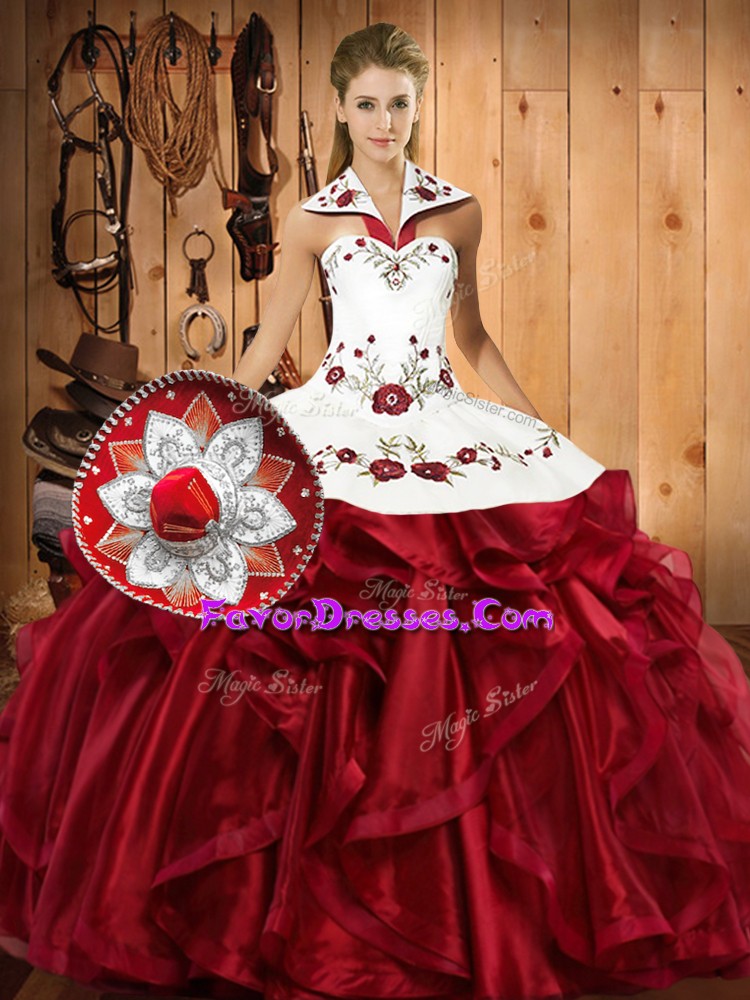 Adorable Halter Top Sleeveless Organza Quinceanera Dresses Embroidery and Ruffles Lace Up