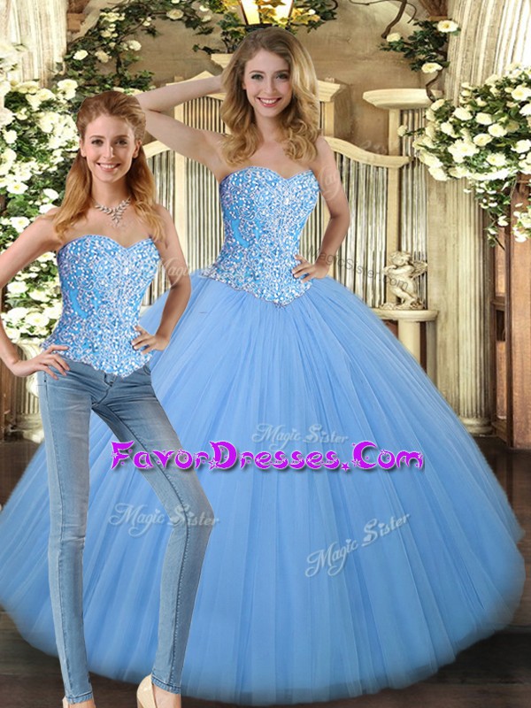 Sweet Beading 15th Birthday Dress Baby Blue Lace Up Sleeveless Floor Length