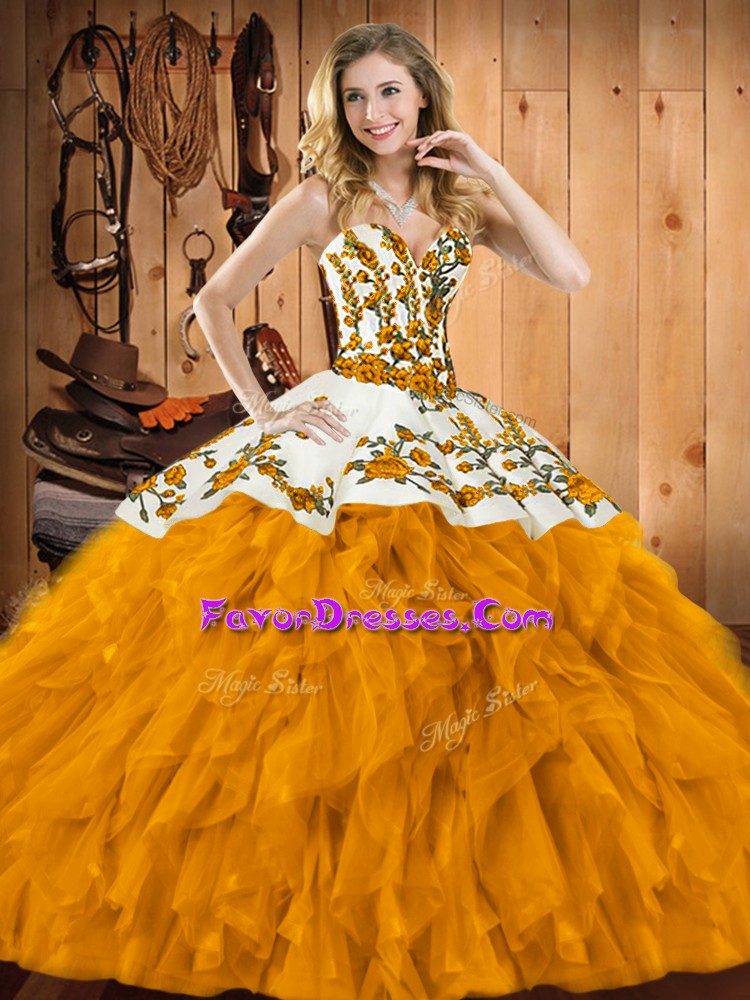 Inexpensive Ball Gowns 15 Quinceanera Dress Gold Sweetheart Satin and Organza Sleeveless Floor Length Lace Up