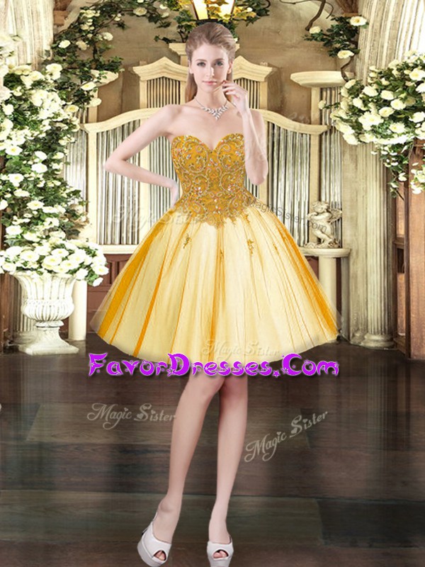 Fancy Gold Ball Gowns Sweetheart Sleeveless Tulle Mini Length Lace Up Beading Prom Party Dress