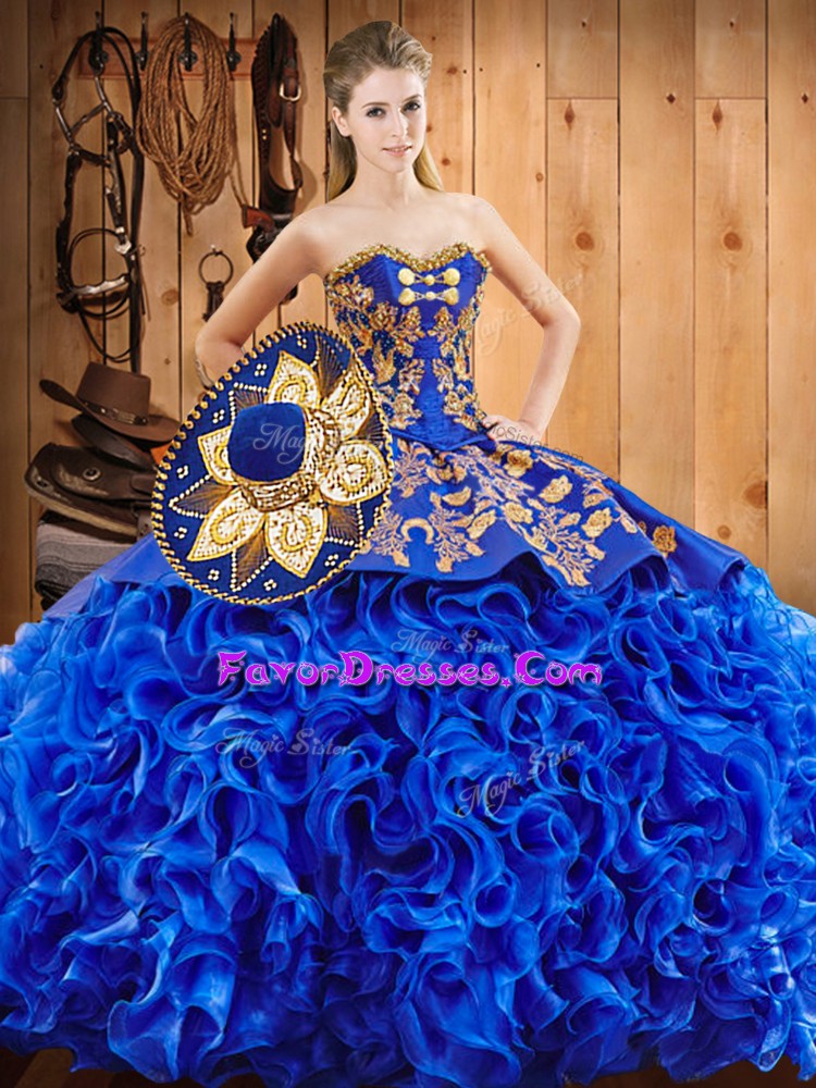 Low Price Royal Blue Sleeveless Fabric With Rolling Flowers Court Train Lace Up Quinceanera Dresses for Military Ball and Sweet 16 and Quinceanera