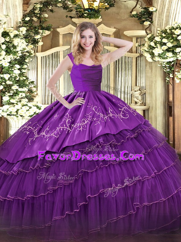  Eggplant Purple Sleeveless Satin and Organza Zipper Quince Ball Gowns for Military Ball and Sweet 16 and Quinceanera