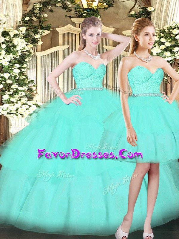Artistic Ball Gowns Sweet 16 Quinceanera Dress Aqua Blue Sweetheart Tulle Sleeveless Floor Length Lace Up