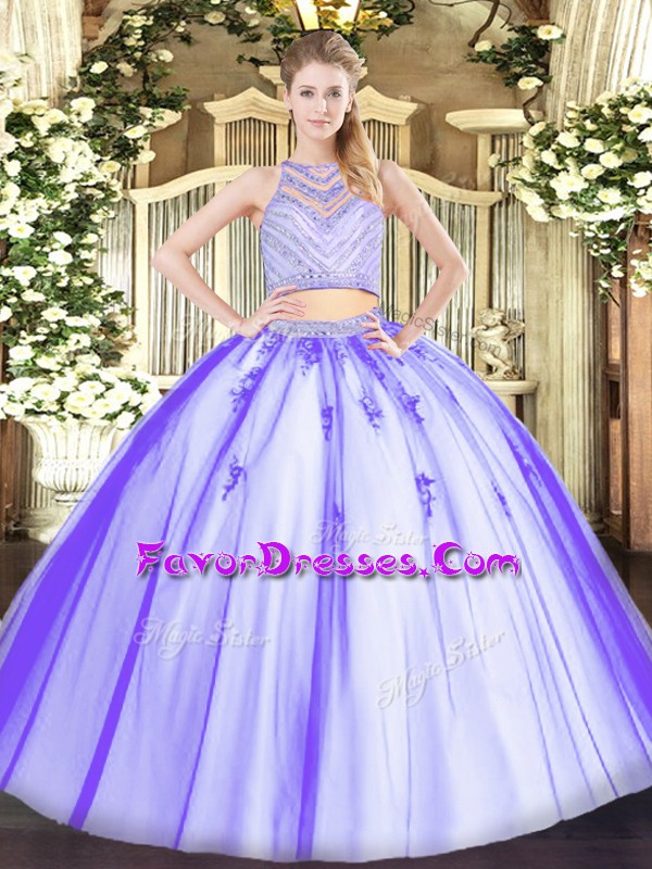 Lavender Sleeveless Floor Length Beading Zipper Quinceanera Gown