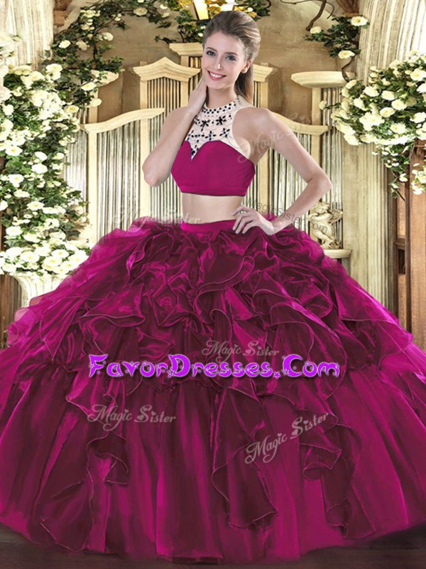  Floor Length Backless Ball Gown Prom Dress Fuchsia for Military Ball and Sweet 16 and Quinceanera with Beading and Ruffles