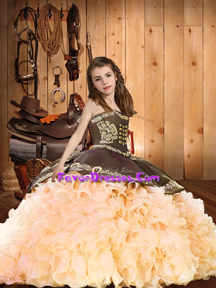 Most Popular Peach Ball Gowns Organza Off The Shoulder Sleeveless Embroidery and Ruffles Lace Up Pageant Dress Brush Train