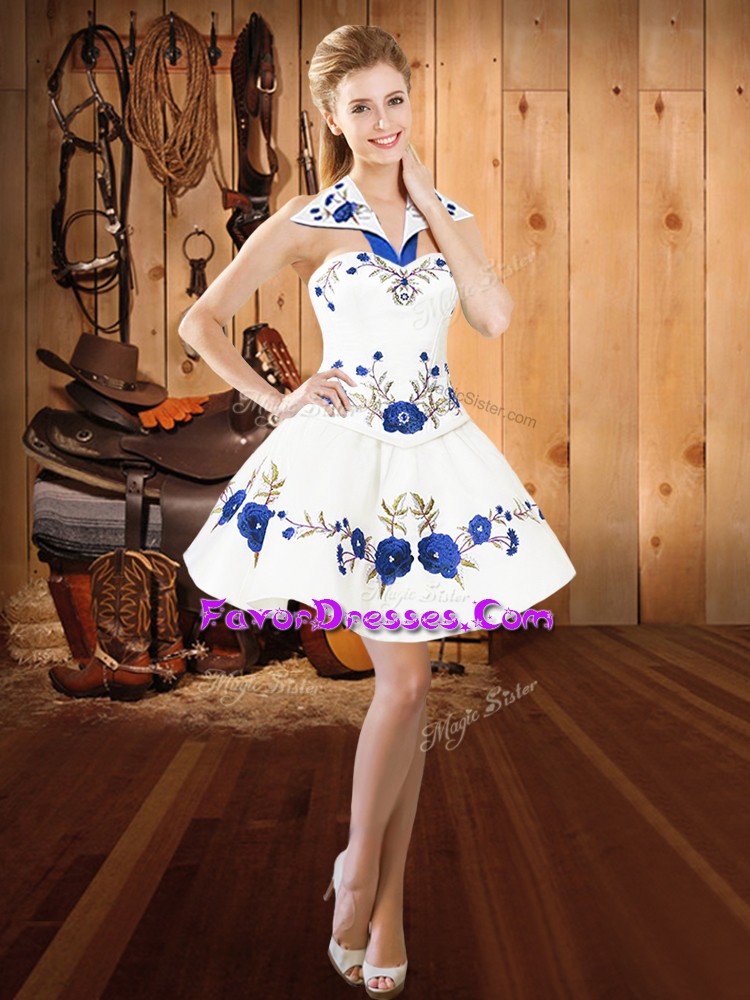 Luxurious White Halter Top Lace Up Embroidery Junior Homecoming Dress Sleeveless