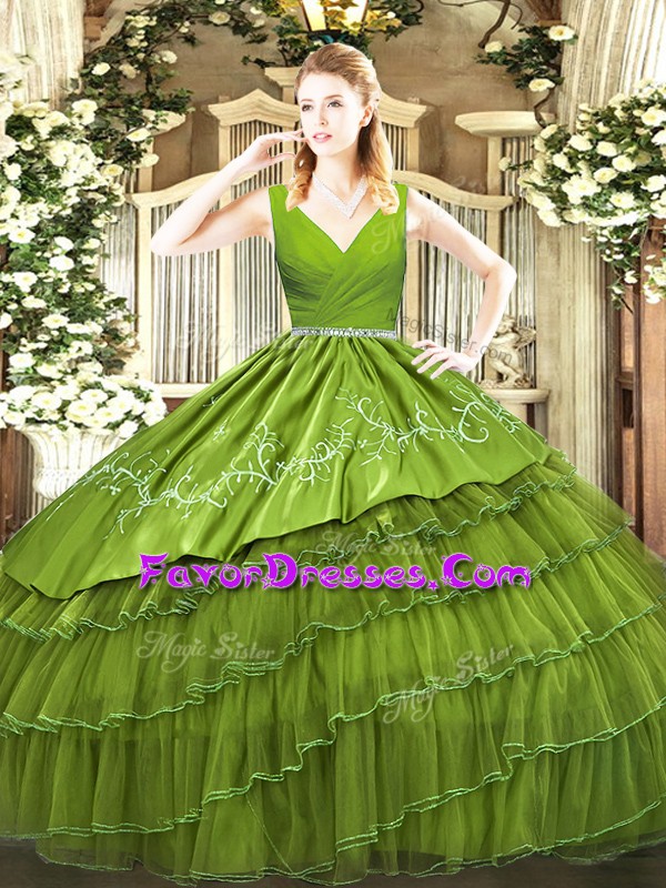Super Sleeveless Satin and Organza Floor Length Zipper Vestidos de Quinceanera in Olive Green with Embroidery and Ruffled Layers