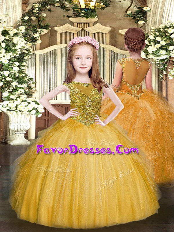 Tulle Scoop Sleeveless Zipper Beading and Ruffles Child Pageant Dress in Gold