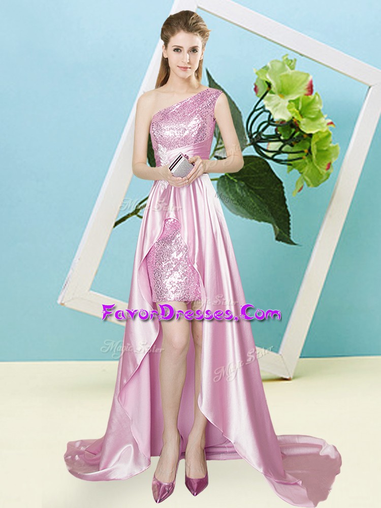 Enchanting Empire Prom Evening Gown Rose Pink One Shoulder Elastic Woven Satin and Sequined Sleeveless High Low Lace Up